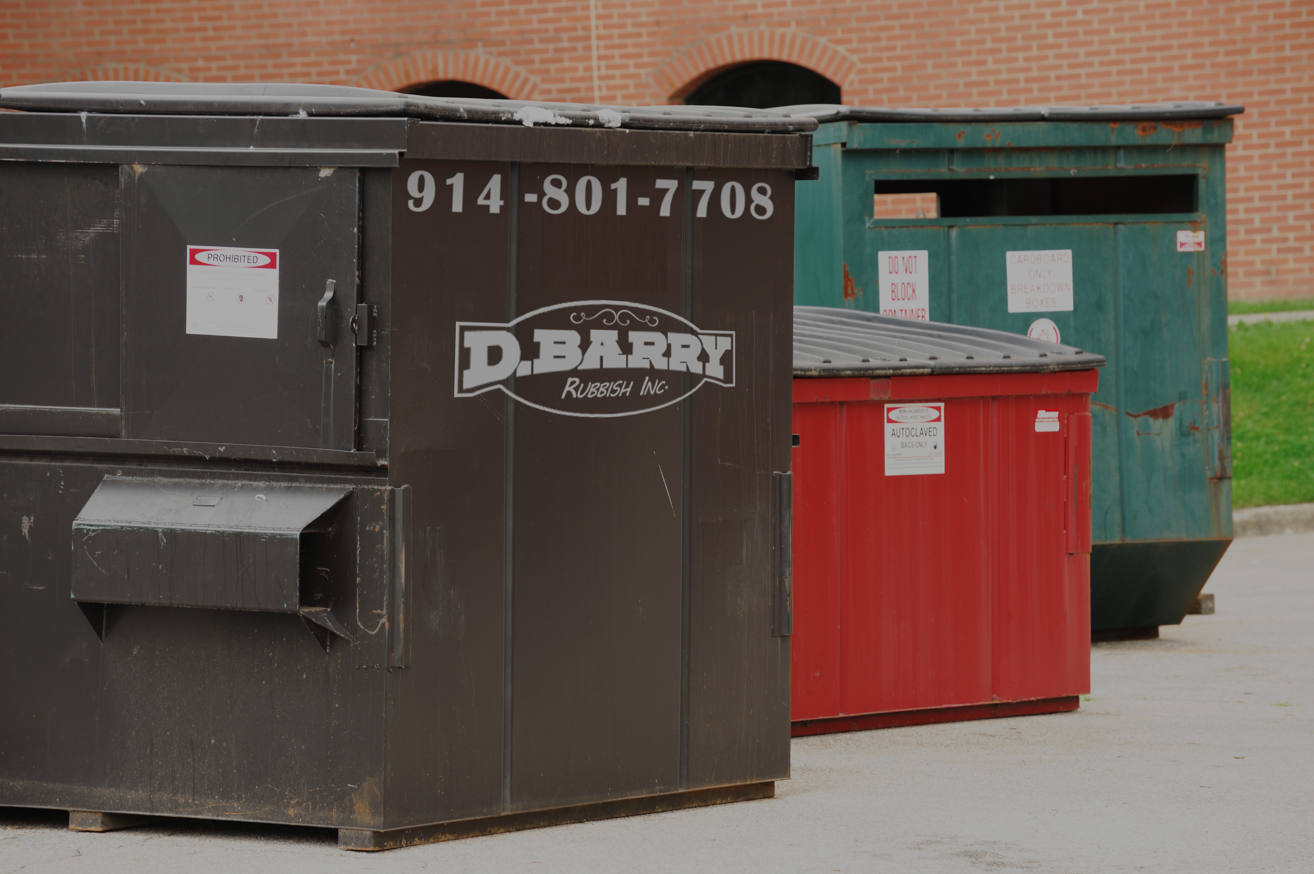 Line-up of dumpsters. The dumpster in the foreground has the D. Barry Rubbish Inc. logo on it.