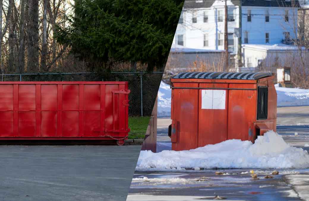 A graphic comparing, side-by-side, a roll-off dumpster and a front-load dumpster